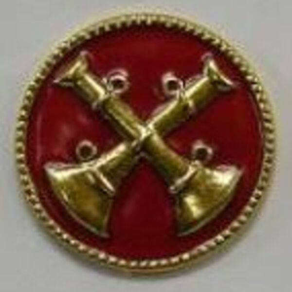 FD Collar Brass: Red Disc, Gold Rank 2 Crossed Bugles  Thumbnail